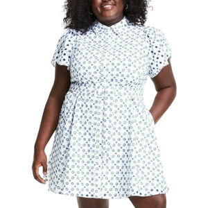 ALEXIS x Target Mini Dress Plus White Blue Dot Tulip Sleeve Eyelet Shirt 3X NWOT